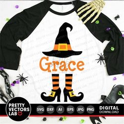 witch monogram svg, halloween svg, witch hat and feet svg, dxf, eps, png, witch legs cut files, halloween shirt design,