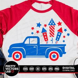 patriotic truck svg, 4th of july svg, american old truck svg dxf eps png, fireworks svg, usa cut files, kids shirt desig