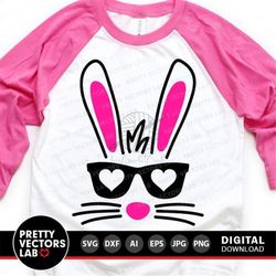 bunny face svg, easter cut files, bunny with sunglasses svg dxf eps png, rabbit ears svg, girls clipart, baby, kids svg,