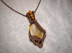 large jasper and agate pendant wire wrapped necklace  7th anniversary gift idea antique style copper jewelry wirewrapart
