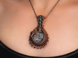 large wire wrapped larvikite and aquamarine pendant wire art necklace 7th anniversary gift idea powerful positive energy