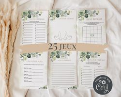 jeux baby shower en francais modifiables eucalyptus pack jeux fete prenatale, activites baby shower en francais corjl