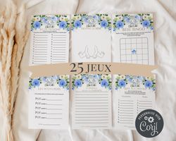 jeux baby shower en francais modifiables elephant bleu pack jeux fete prenatale, activites baby shower en francais corjl