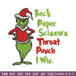 rock paper scissors throat punch grinch embroidery design, grinch christmas embroidery, grinch design, digital download.