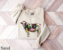 Christmas Cow Sweatshirt, Cow Christmas Lights Shirt, Christmas Crewneck, Funny Christmas Cow Shirt, Cow Holiday Sweater