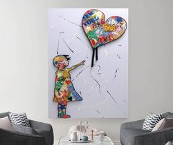 abstract balloon heart love girl wall art, graffiti art canvas, abstract banksy wall art, balloon girl colourful prints,