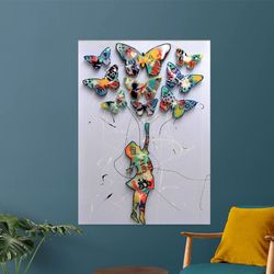 abstract butterfly flower girl colorful wall art, graffiti art canvas, abstract papillon wall art, butterfly balloon gir