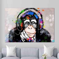 banksy thinking monkey, dj monkey artwork, abstract monkey canvas art, street canvas art, music canvas, graffiti monkey