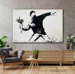 throwing flowers street art canvas painting,banksy anarchy canvas wall art,street canvas art, graffiti anarchy wall deco