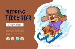 cartoon teddy bear sledding. t-shirt, png, svg.