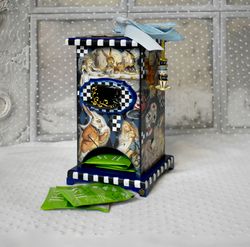 blue tea house for storing disposable tea bags alice