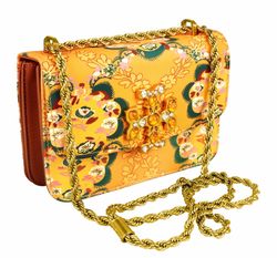 clutch with golden chain, floral brown