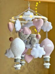 elephant baby mobile crib, nursery mobile felt, hot air balloon mobile, mother day gift