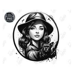 Stunning Black & White Woman with Dog Portrait - Digital Painting Template, High-Resolution - Heartwarming Pet Lover Gif