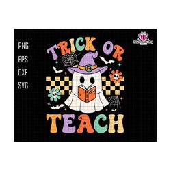 trick or teach svg, halloween teacher svg, teacher gift, retro halloween shirt, svg files for cricut, spooky teacher shirt, ghost nerd svg