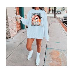 nightmare before coffee sweatshirt, halloween crewneck, coffee skeleton hoodie, fall sweatshirt for women