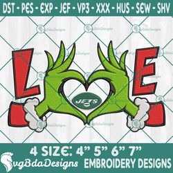 grinch hands love new york jets embroidery designs, new york jets football embroidery, grinch christmas embroidered