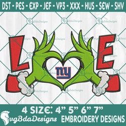 grinch hands love new york giants embroidery designs, new york giants football embroidery, grinch christmas embroidered
