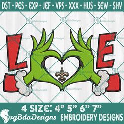 grinch hands love new orleans saints embroidery designs, new orleans saints football embroidery, grinch christmas embroi