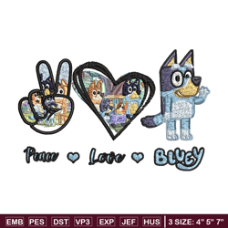 bluey peace love bandit embroidery design, bluey cartoon embroidery, cartoon design, embroidery file, digital download.