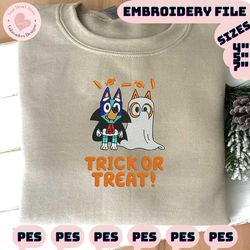 blue dog trick or treat dog ghost halloween, cartoon blue dog embroidery design, horror halloween embroidery machine file