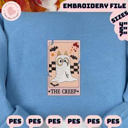 retro halloween tarot card embroidery design, happy halloween embroidery design, blue dog embroidery file, halloween ghost embroidery pattern, spooky machine embroidery design