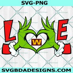 grinch hands love washington football team svg, washington football team logo svg, christmas football svg