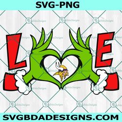 grinch hands love minnesota vikings svg, minnesota vikings logo svg, christmas football svg