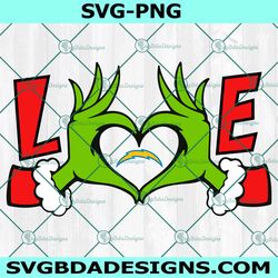 grinch hands love los angeles chargers svg, los angeles chargers logo svg, christmas football svg