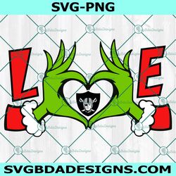 grinch hands love las vegas raiders svg, las vegas raiders logo svg, christmas football svg