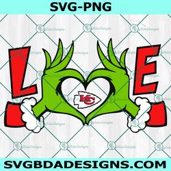 grinch hands love kansas city chiefs svg, kansas city chiefs logo svg, christmas football svg