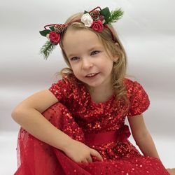 christmas headband. new year hair band. red flower headband. red child headband.