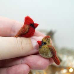 couple of tiny needle felted cardinals, couple gift, christmas birds, miniature cardinal, female cardinal, made to order