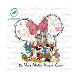 christmas watercolor mouse and friends png, retro colorful castle png, xmas png, magic kingdom png, pink christmas png, santa claus png