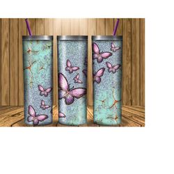 20 oz skinny tumbler glitter butterflies, butterfly tumbler design, 20 oz skinny tumbler wrap, butterfly png, turquoise tumbler wrap