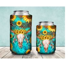 skull sunflowers turquoise can cooler png sublimation design, bull skull can holder, 12 oz. can cooler template, can cooler png, sunflower