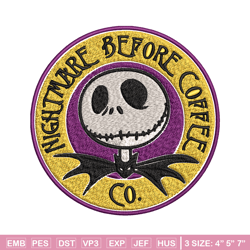 nightmare before coffee embroidery design, jack skellington embroidery, embroidery file, horror design, digital download