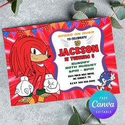 knuckles birthday inviation, knuckles birthday invitation printable sonic invitation template canva editable