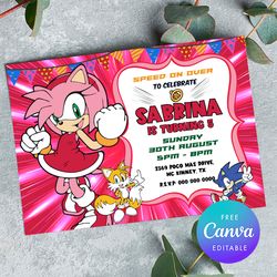 amy rose birthday inviation, amy rose birthday girl invitation printable sonic invitation template canva editable