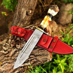 damascus steel bowie knife with the handle of camel bone and stag crown, viking hunting knife, stag crown, camel bone,.