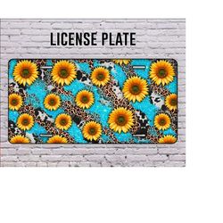 western sunflower license plate png, sunflower background, license plate sublimation design, western license plate png, turquoise background