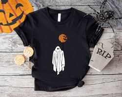 ghost with pumpkin tee, funny halloween gift, ghost balloon t-shirt png, cute spooky costume, scary face pumpkin tshirt