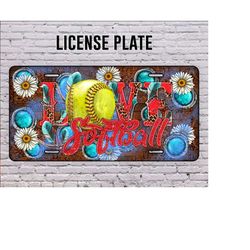 love softball license plate, softball license plate png, daisy png, sport license plate png, softball png, digital download