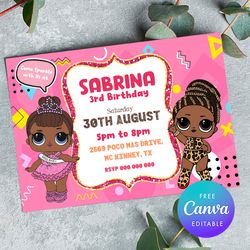 lol surprise birthday girl invitation with photo canva editable instant download