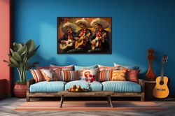 mexican wall art - mariachi band oil painting canvas print or poster - music wall decor  framed or unframed ready to han