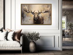 moose portrait painting canvas print, neutral beige gray moose wall art, farmhouse, cabin wall decor, framed unframed re