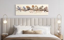 panoramic small birds perched on a branch watercolor painting farmhouse decor  print on long horizontal canvas framed un