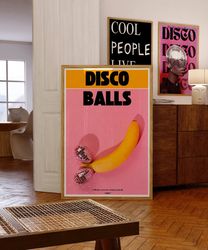 party poster, 70s wall art, pink wall art, disco ball print, psychedelic poster, kitchen wall decor, banana poster, retr