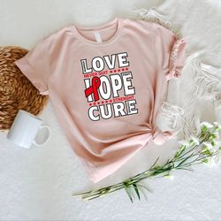 love hope cure tshirt png, blood cancer gift, red ribbon shirt png, blood cancer fighter women clothing, get well soon t