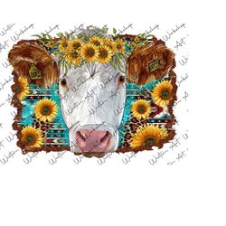 aztec sunflower background  cow png sublimation design, sunflower cow sublimation png, western cow png, western turquoise background png